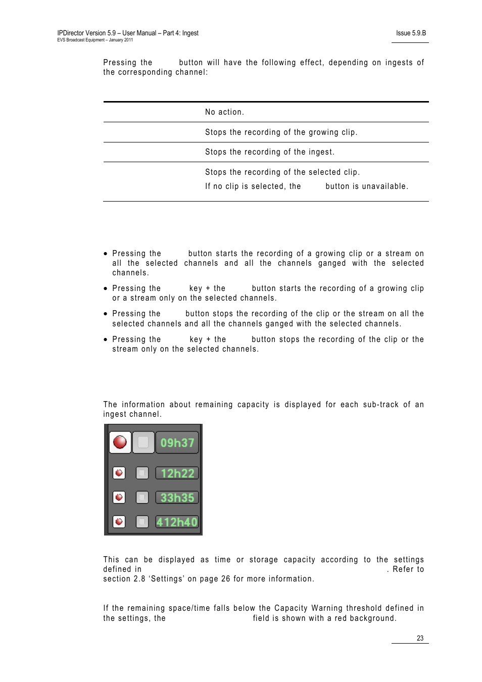 3 rules when using start and stop buttons, 4 remaining capacity, Rules when using start and stop buttons | Remaining capacity, Ules, Sing, Tart and, Uttons, Emaining, Apacity | EVS IPDirector Version 5.9 - January 2011 Part 4 User’s Manual User Manual | Page 34 / 81
