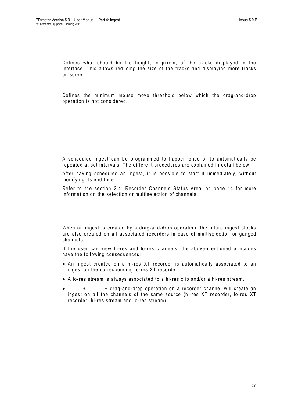 3 advanced settings, Track size, Minimum mouse move | 9 creating scheduled ingests, 1 introduction, 2 channel association, Advanced settings, Creating scheduled ingests, Introduction, Channel association | EVS IPDirector Version 5.9 - January 2011 Part 4 User’s Manual User Manual | Page 38 / 81