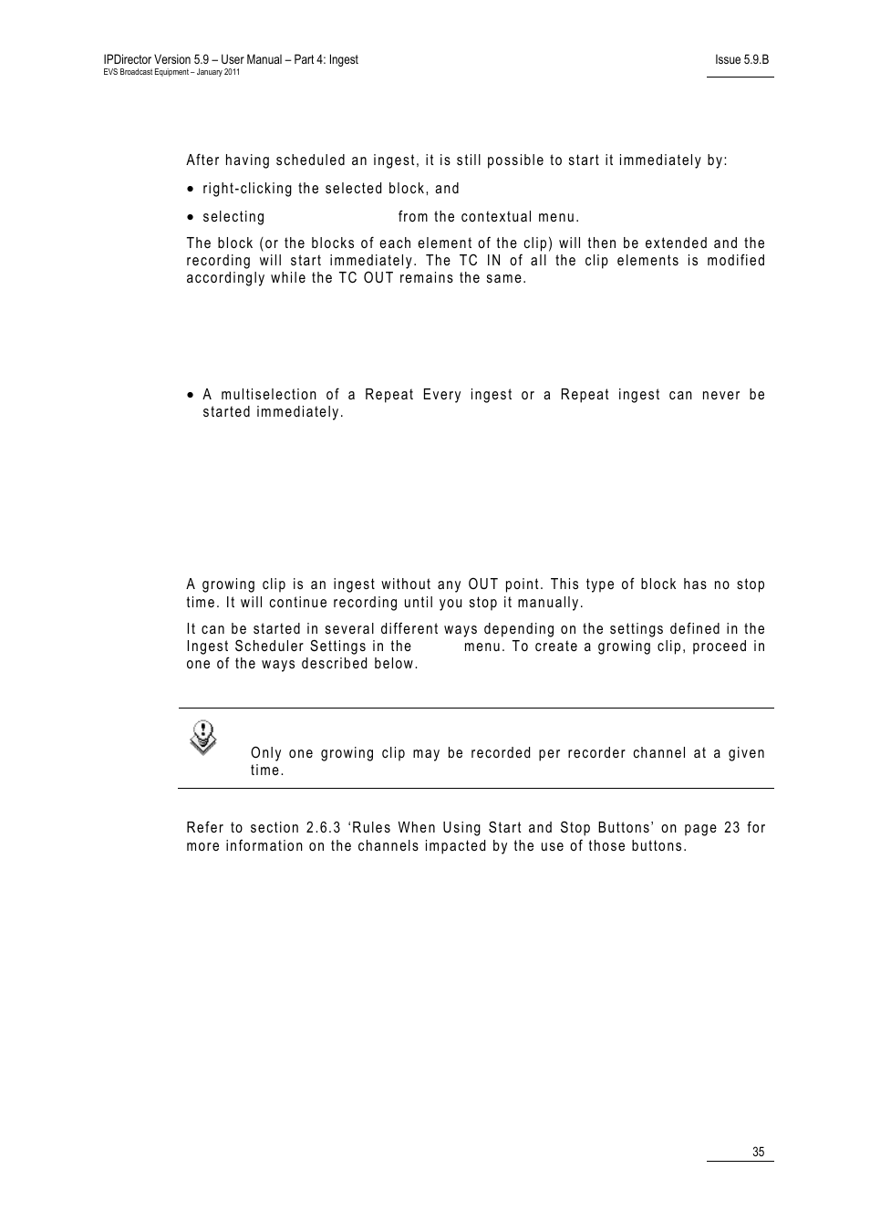 8 starting a scheduled ingest immediately, Limitations for starting an ingest immediately, 10 creating growing clips | 1 introduction, Starting a scheduled ingest immediately, Creating growing clips, Introduction | EVS IPDirector Version 5.9 - January 2011 Part 4 User’s Manual User Manual | Page 46 / 81