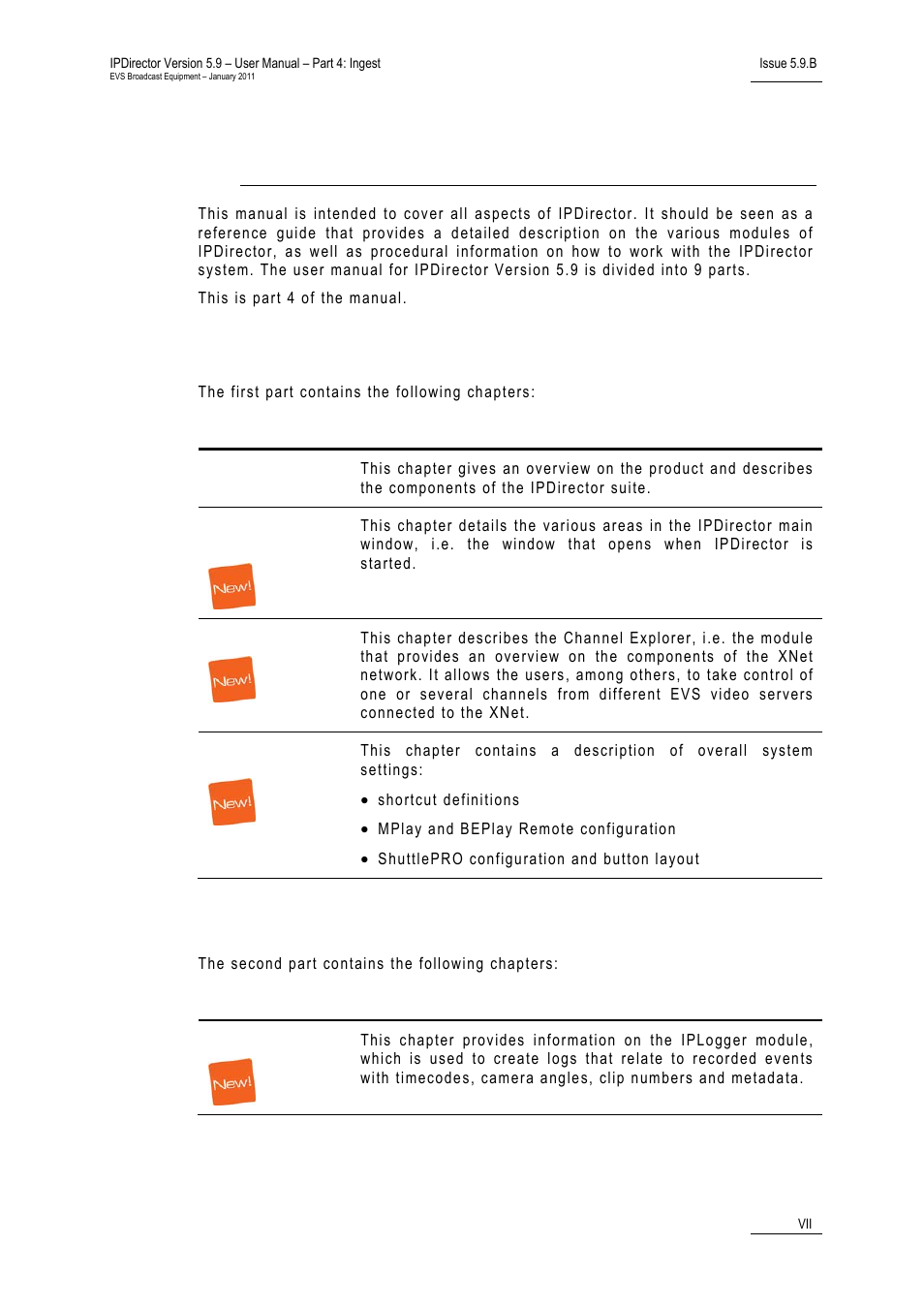 Part 1: general workspace, Part 2: logging, About this manual | EVS IPDirector Version 5.9 - January 2011 Part 4 User’s Manual User Manual | Page 8 / 81
