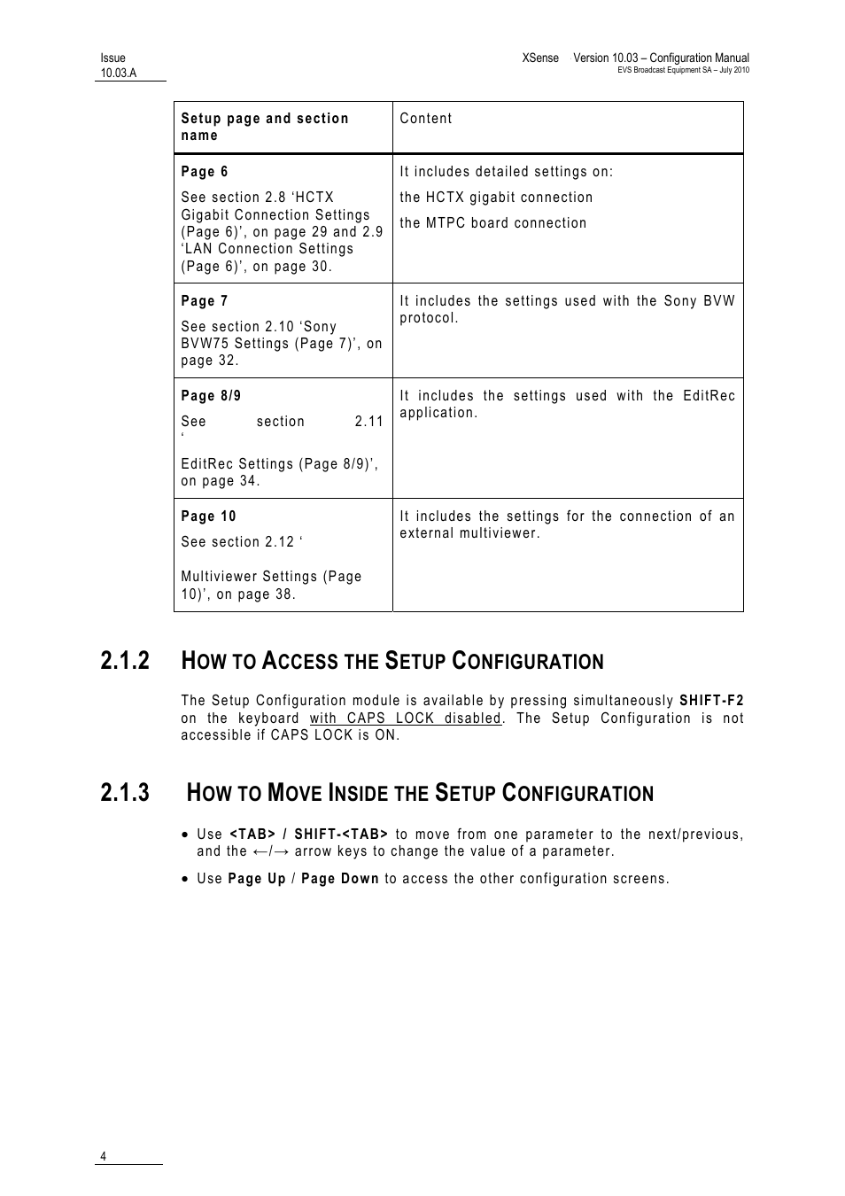 2 how to access the setup configuration, 3 how to move inside the setup configuration, How to access the setup configuration | How to move inside the setup configuration | EVS XSense Version 10.03 - July 2010 Configuration Manual User Manual | Page 11 / 90
