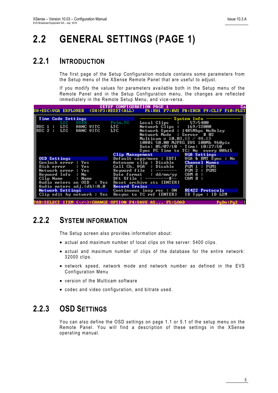 1 introduction, 2 system information, 3 osd settings | Introduction, System information, Osd settings, 2 general settings (page 1), 3 osd, Ntroduction, Ystem information | EVS XSense Version 10.03 - July 2010 Configuration Manual User Manual | Page 12 / 90