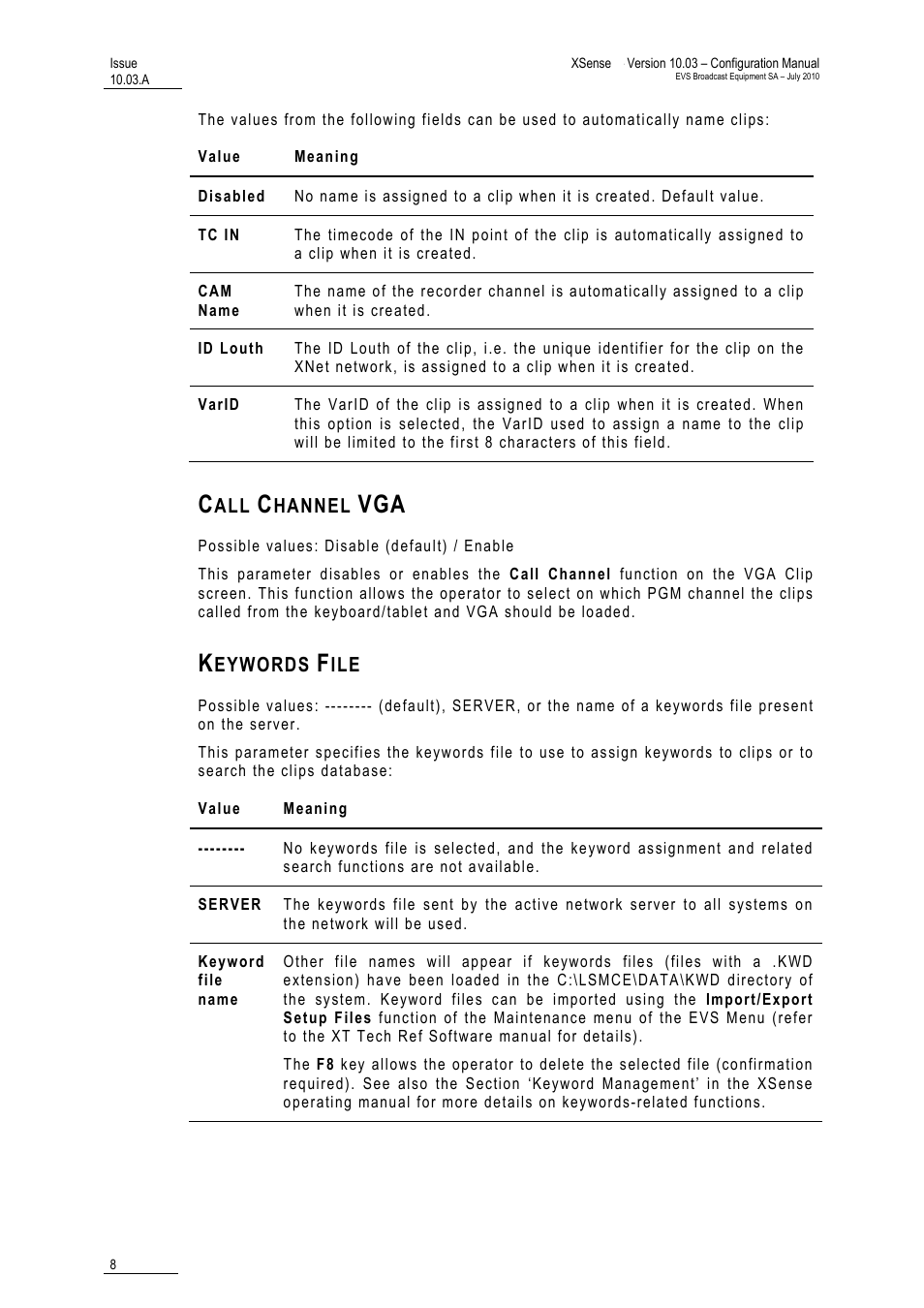 Call channel vga, Keywords file | EVS XSense Version 10.03 - July 2010 Configuration Manual User Manual | Page 15 / 90