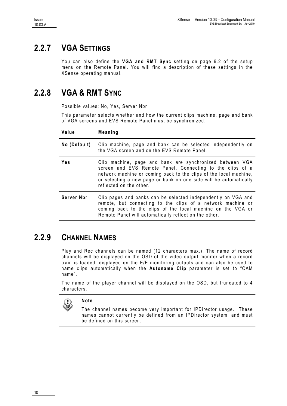 7 vga settings, 8 vga & rmt sync, 9 channel names | Vga settings, Vga & rmt sync, Channel names, 7 vga, 8 vga | EVS XSense Version 10.03 - July 2010 Configuration Manual User Manual | Page 17 / 90