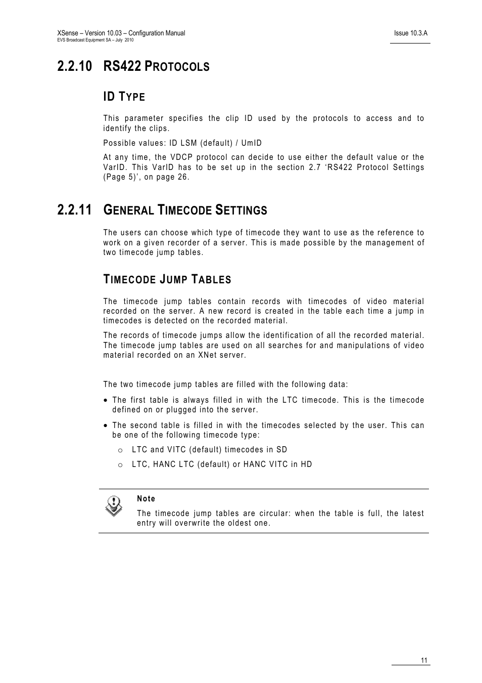 10 rs422 protocols, Id type, 11 general timecode settings | Timecode jump tables, Rs422 protocols, General timecode settings, 11 g, Rotocols, Eneral, Imecode | EVS XSense Version 10.03 - July 2010 Configuration Manual User Manual | Page 18 / 90