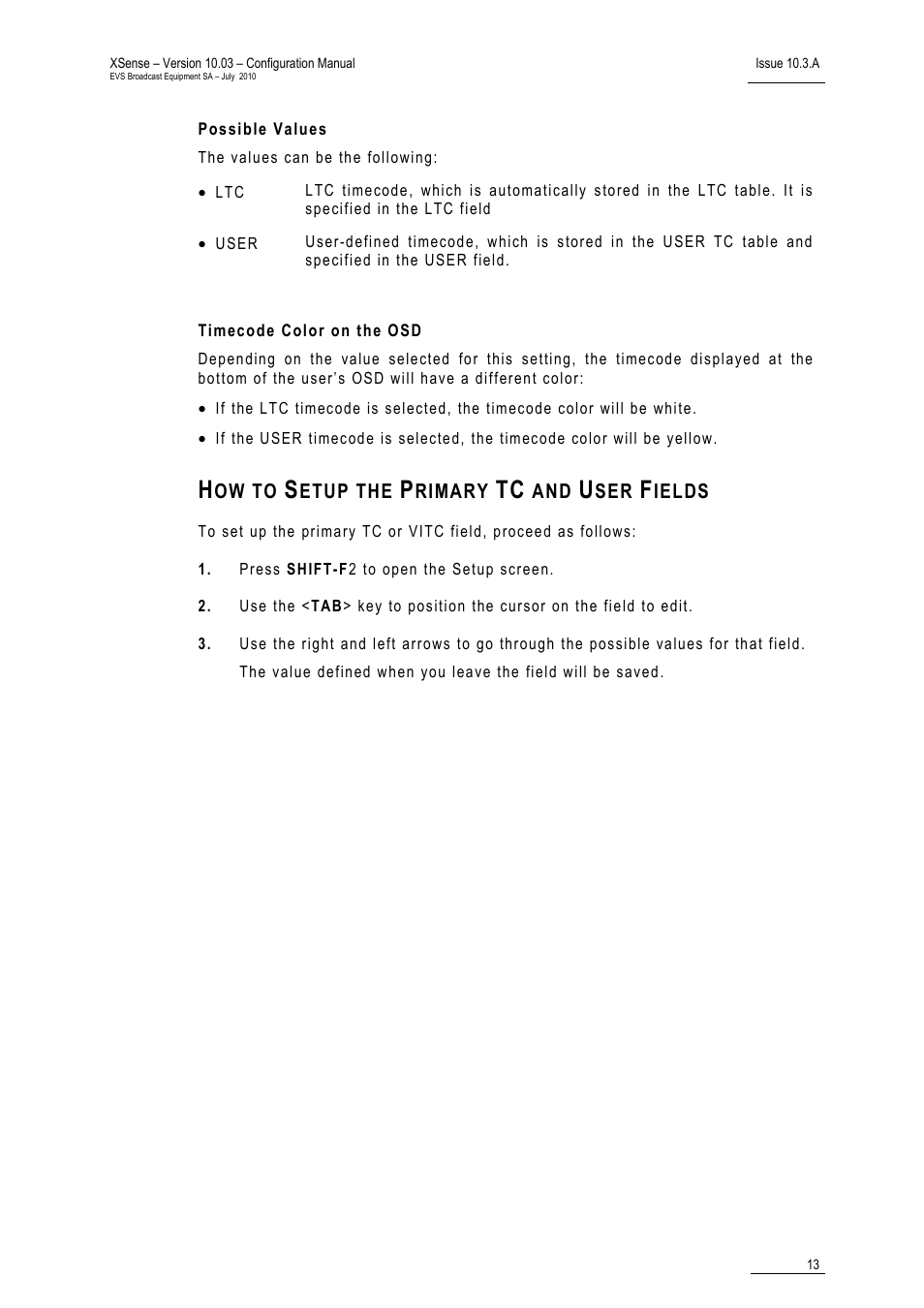 Possible values, Timecode color on the osd, How to setup the primary tc and user fields | EVS XSense Version 10.03 - July 2010 Configuration Manual User Manual | Page 20 / 90