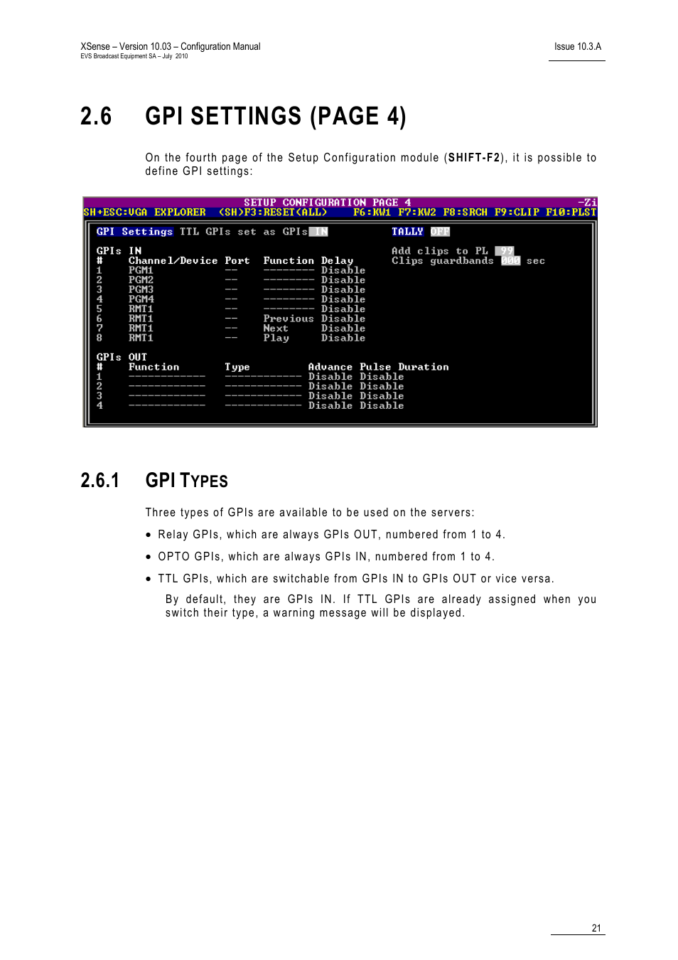 1 gpi types, Gpi types, 6 gpi settings (page 4) | 1 gpi, Ypes | EVS XSense Version 10.03 - July 2010 Configuration Manual User Manual | Page 28 / 90