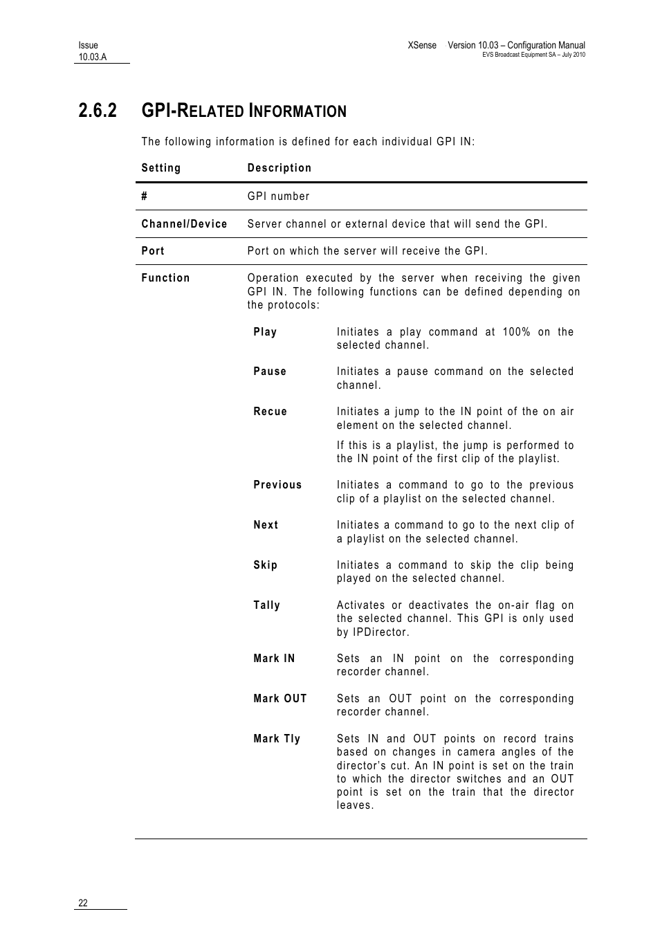 2 gpi-related information, Gpi-related information, 2 gpi-r | Elated, Nformation | EVS XSense Version 10.03 - July 2010 Configuration Manual User Manual | Page 29 / 90
