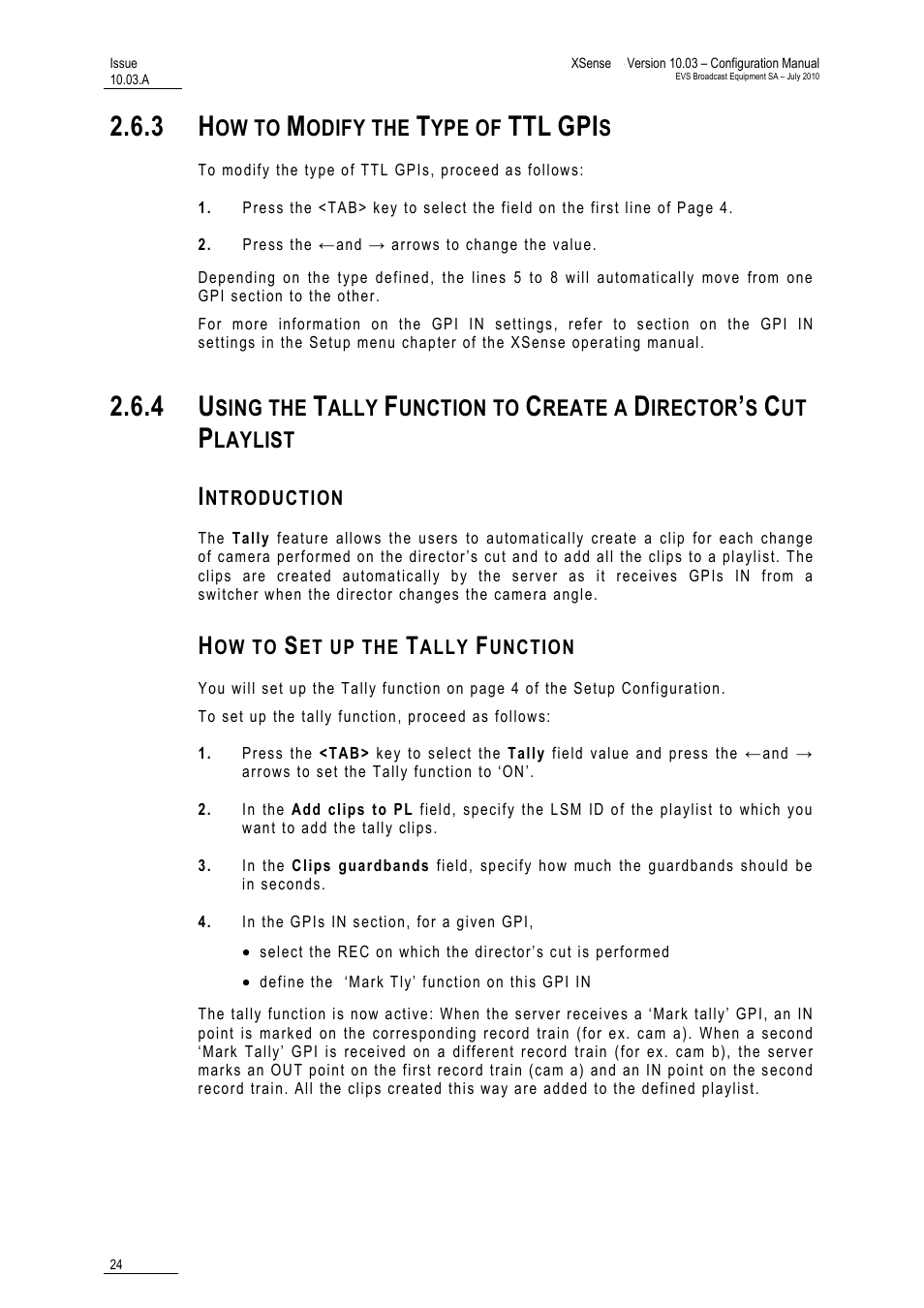3 how to modify the type of ttl gpis, Introduction, How to set up the tally function | How to modify the type of ttl gpis | EVS XSense Version 10.03 - July 2010 Configuration Manual User Manual | Page 31 / 90