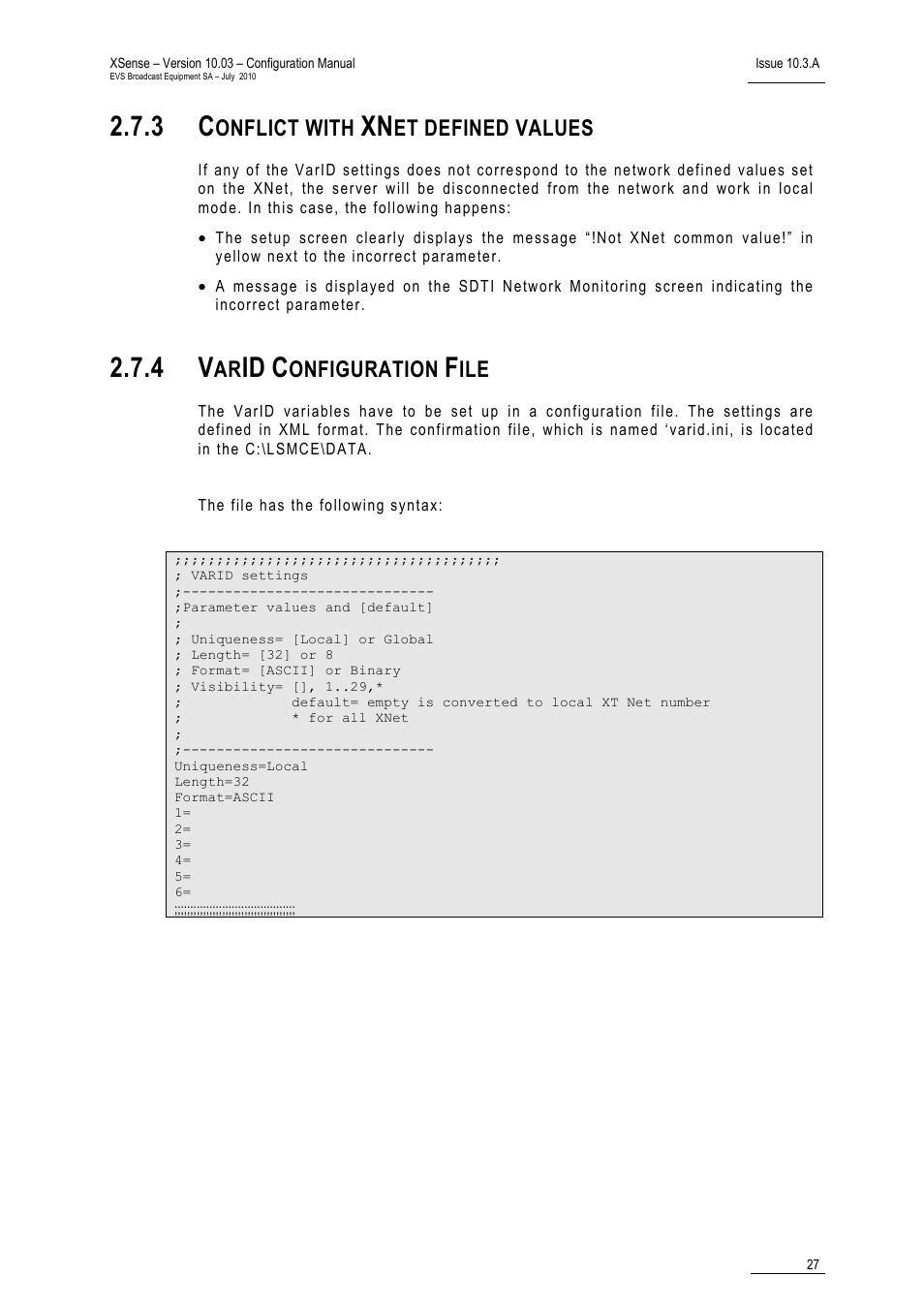 3 conflict with xnet defined values, 4 varid configuration file, Conflict with xnet defined values | Varid configuration file, Onflict with, Et defined values, Onfiguration | EVS XSense Version 10.03 - July 2010 Configuration Manual User Manual | Page 34 / 90