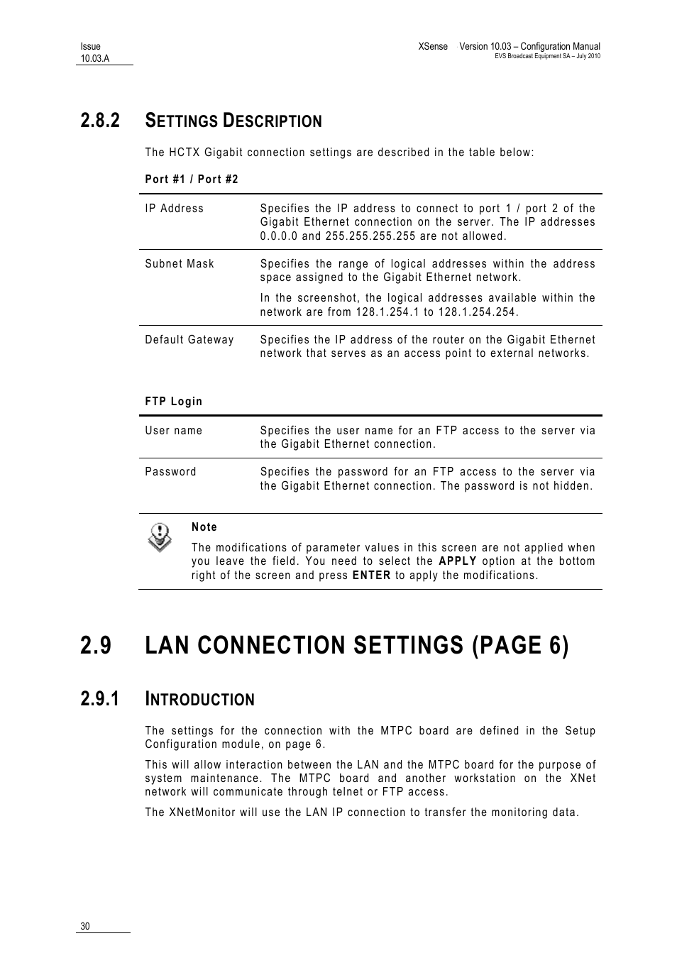 2 settings description, 1 introduction, Settings description | Introduction, 9 lan connection settings (page 6), Ettings, Escription, Ntroduction | EVS XSense Version 10.03 - July 2010 Configuration Manual User Manual | Page 37 / 90