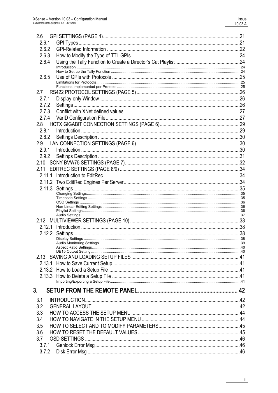 Setup from the remote panel | EVS XSense Version 10.03 - July 2010 Configuration Manual User Manual | Page 4 / 90