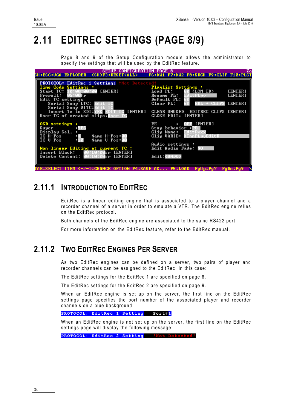1 introduction to editrec, 2 two editrec engines per server, Introduction to editrec | Two editrec engines per server, 11 editrec settings (page 8/9) | EVS XSense Version 10.03 - July 2010 Configuration Manual User Manual | Page 41 / 90
