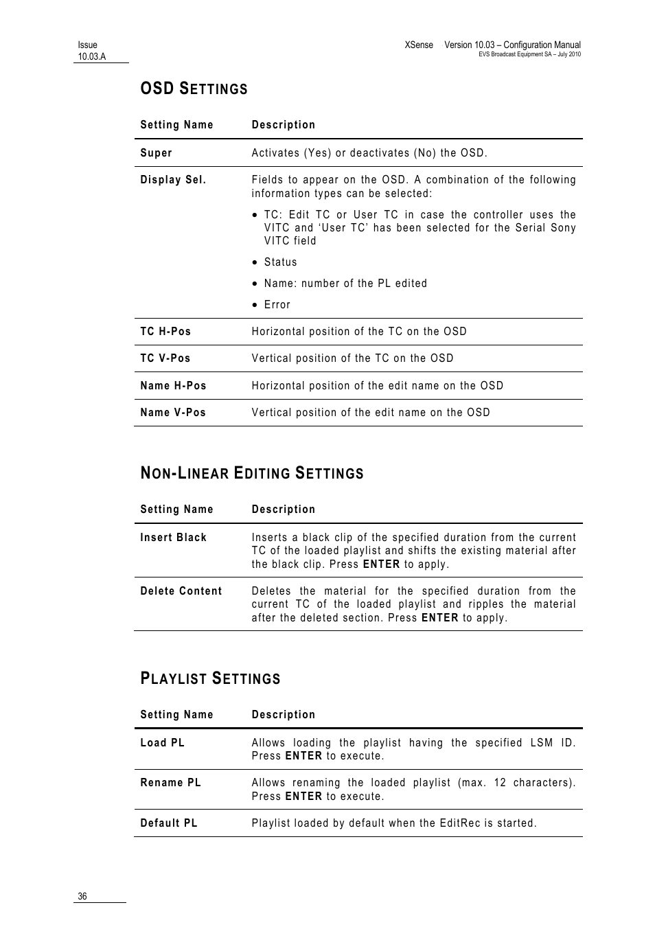 Osd settings, Non-linear editing settings, Playlist settings | EVS XSense Version 10.03 - July 2010 Configuration Manual User Manual | Page 43 / 90