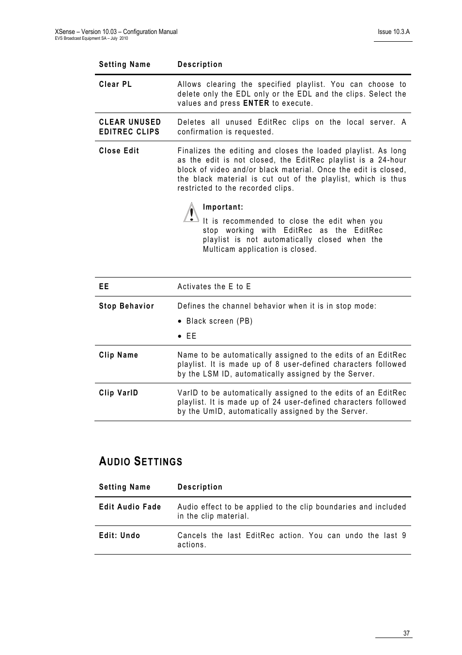 Audio settings | EVS XSense Version 10.03 - July 2010 Configuration Manual User Manual | Page 44 / 90
