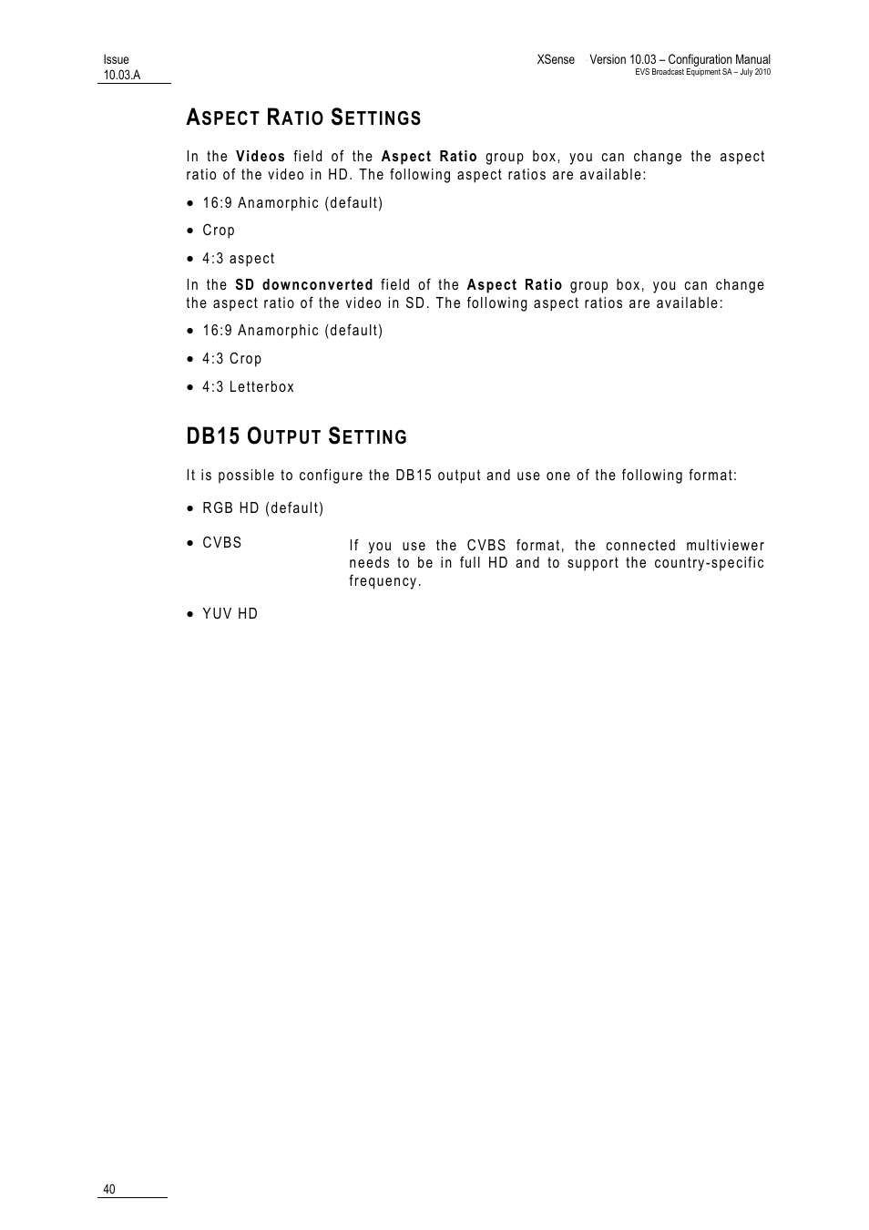 Aspect ratio settings, Db15 output setting, Db15 | EVS XSense Version 10.03 - July 2010 Configuration Manual User Manual | Page 47 / 90