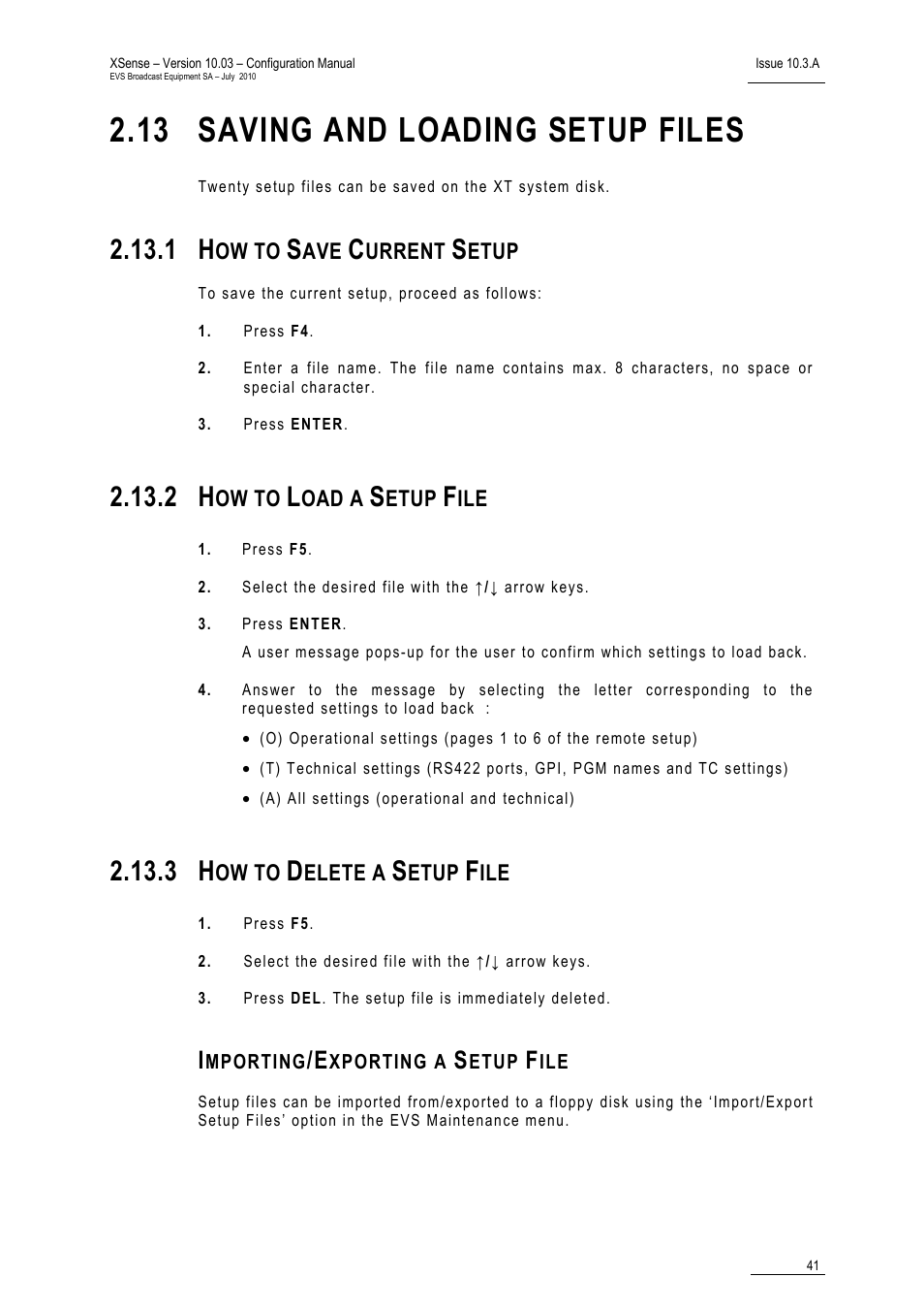 13 saving and loading setup files, 1 how to save current setup, 2 how to load a setup file | 3 how to delete a setup file, Importing/exporting a setup file, Saving and loading setup files, How to save current setup, How to load a setup file, How to delete a setup file | EVS XSense Version 10.03 - July 2010 Configuration Manual User Manual | Page 48 / 90