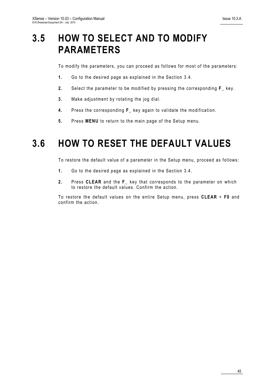 5 how to select and to modify parameters, 6 how to reset the default values, How to select and to modify parameters | How to reset the default values | EVS XSense Version 10.03 - July 2010 Configuration Manual User Manual | Page 52 / 90