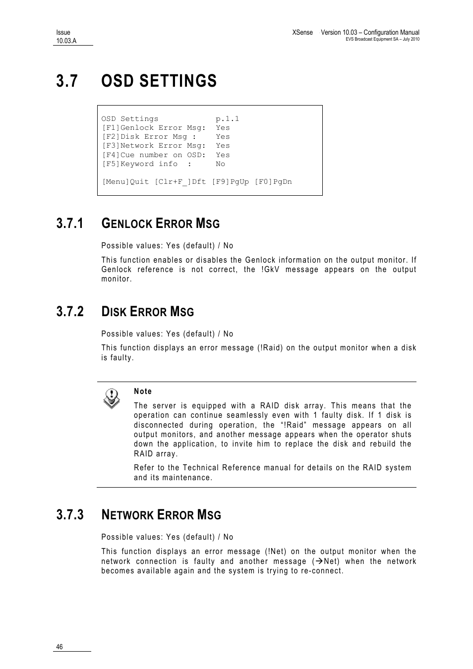7 osd settings, 1 genlock error msg, 2 disk error msg | 3 network error msg, Osd settings, Genlock error msg, Disk error msg, Network error msg | EVS XSense Version 10.03 - July 2010 Configuration Manual User Manual | Page 53 / 90