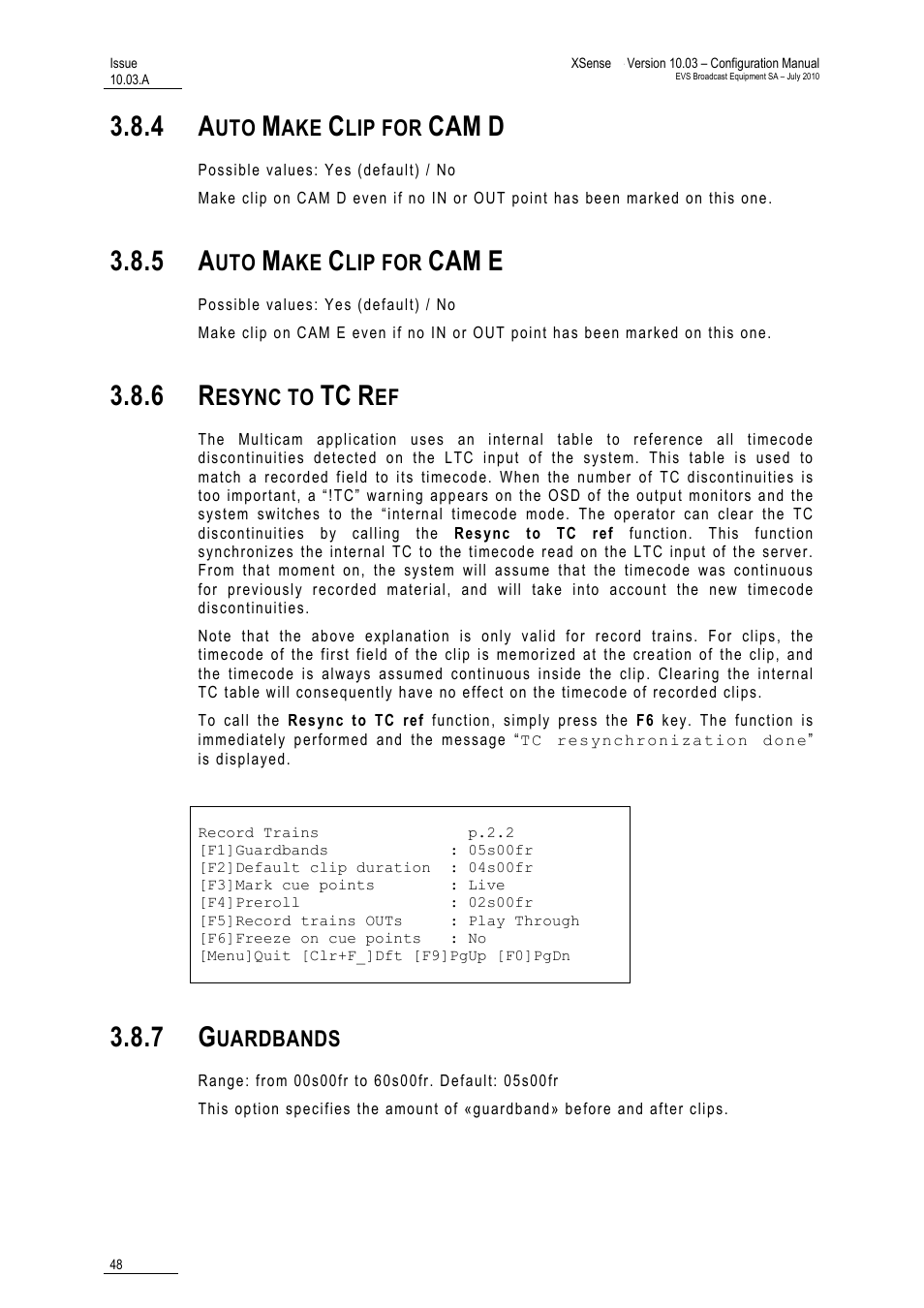 4 auto make clip for cam d, 5 auto make clip for cam e, 6 resync to tc ref | 7 guardbands, Auto make clip for cam d, Auto make clip for cam e, Resync to tc ref, Guardbands | EVS XSense Version 10.03 - July 2010 Configuration Manual User Manual | Page 55 / 90