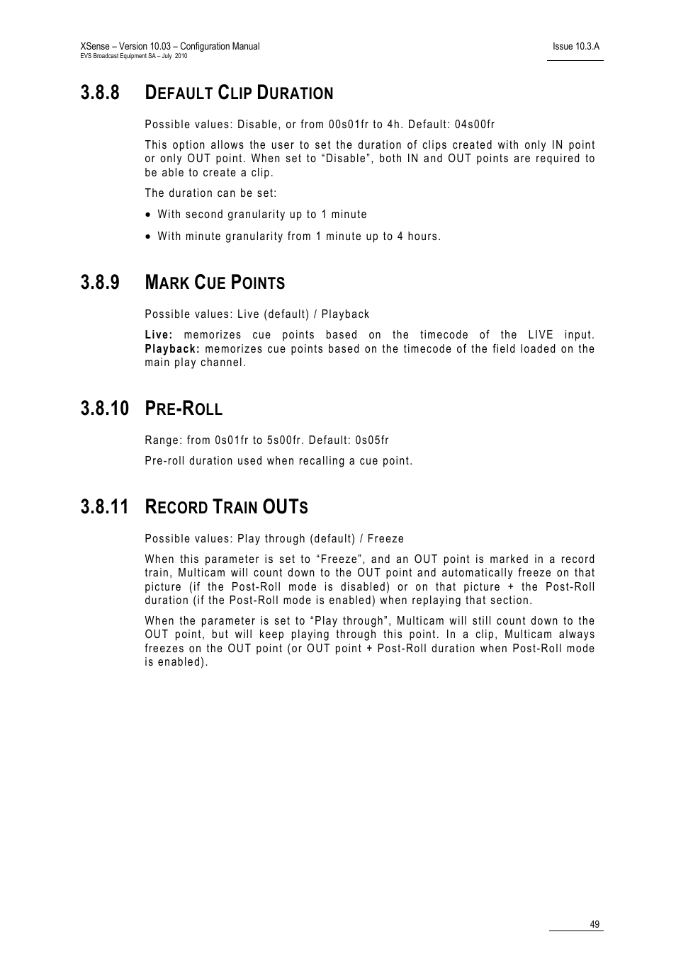 8 default clip duration, 9 mark cue points, 10 pre-roll | 11 record train outs, Default clip duration, Mark cue points, Pre-roll, Record train outs, 10 p, 11 r | EVS XSense Version 10.03 - July 2010 Configuration Manual User Manual | Page 56 / 90