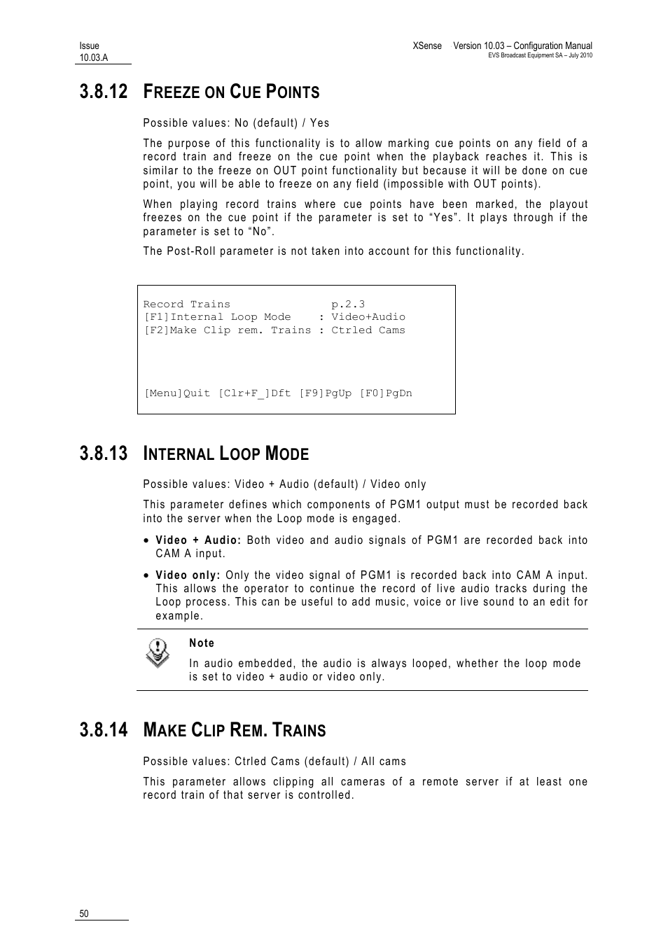 12 freeze on cue points, 13 internal loop mode, 14 make clip rem. trains | Freeze on cue points, Internal loop mode, Make clip rem. trains, 12 f, 13 i, 14 m | EVS XSense Version 10.03 - July 2010 Configuration Manual User Manual | Page 57 / 90