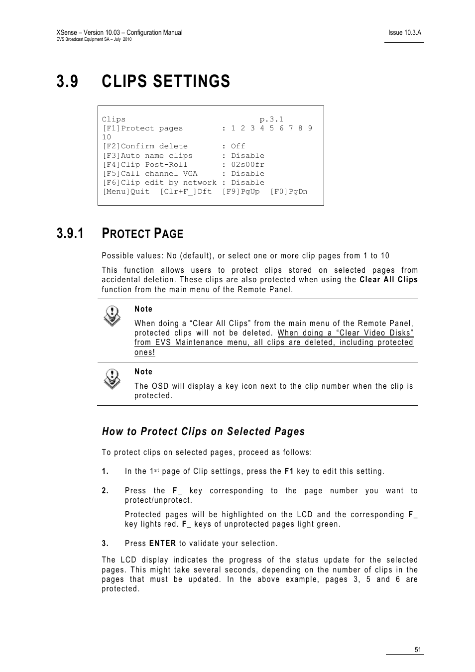 9 clips settings, Clips settings, Rotect | How to protect clips on selected pages | EVS XSense Version 10.03 - July 2010 Configuration Manual User Manual | Page 58 / 90