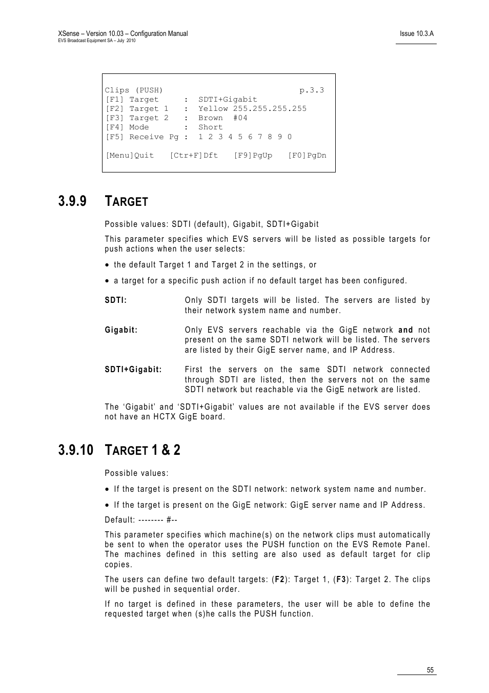 9 target, 10 target 1 & 2, Target | Target 1 & 2, 10 t, Arget | EVS XSense Version 10.03 - July 2010 Configuration Manual User Manual | Page 62 / 90
