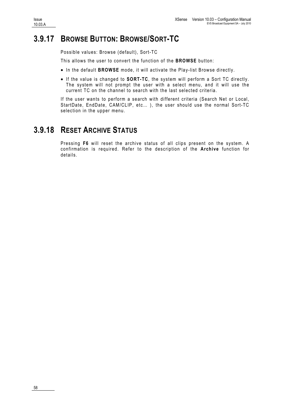 17 browse button: browse/sort-tc, 18 reset archive status, Browse button: browse/sort-tc | Reset archive status, 17 b, 18 r | EVS XSense Version 10.03 - July 2010 Configuration Manual User Manual | Page 65 / 90