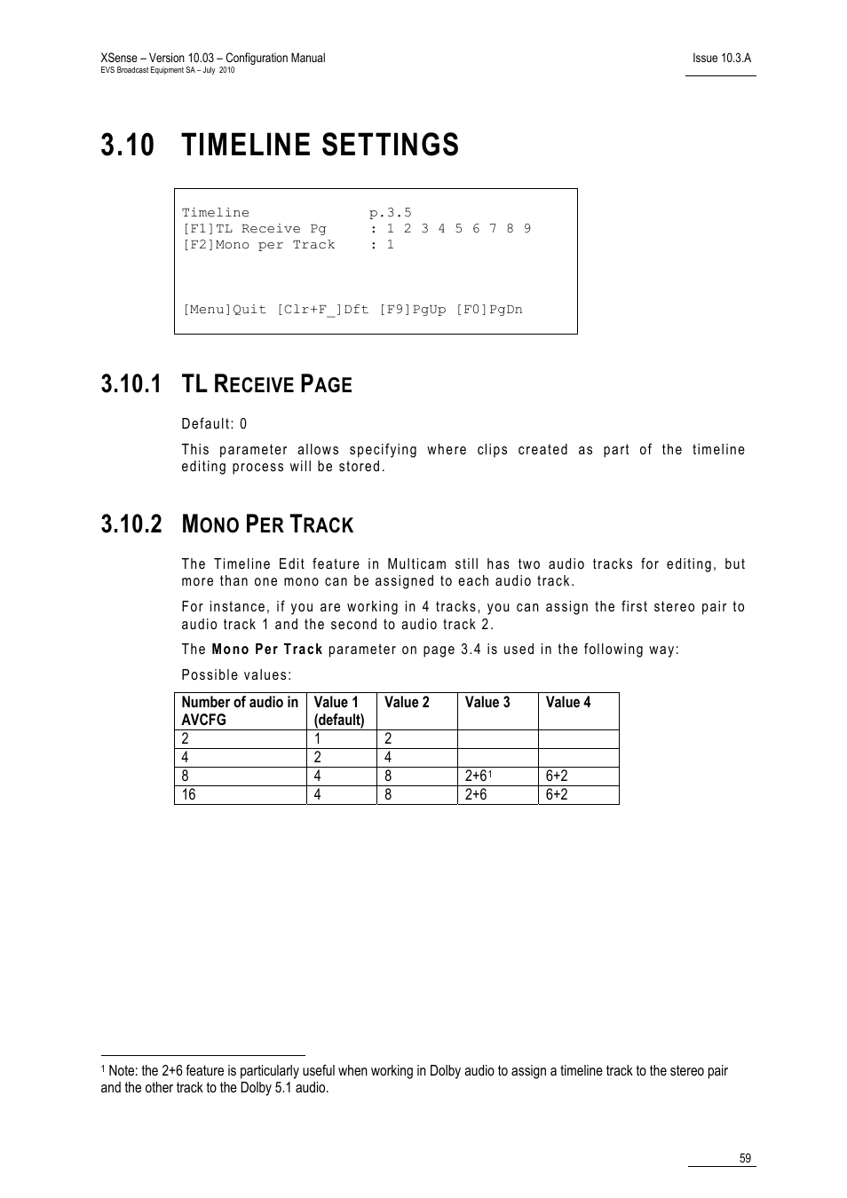 10 timeline settings, 2 mono per track, Timeline settings | Mono per track, 1 tl, Eceive, Rack | EVS XSense Version 10.03 - July 2010 Configuration Manual User Manual | Page 66 / 90