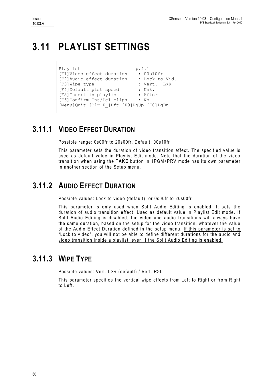 11 playlist settings, 1 video effect duration, 2 audio effect duration | 3 wipe type, Playlist settings, Video effect duration, Audio effect duration, Wipe type | EVS XSense Version 10.03 - July 2010 Configuration Manual User Manual | Page 67 / 90