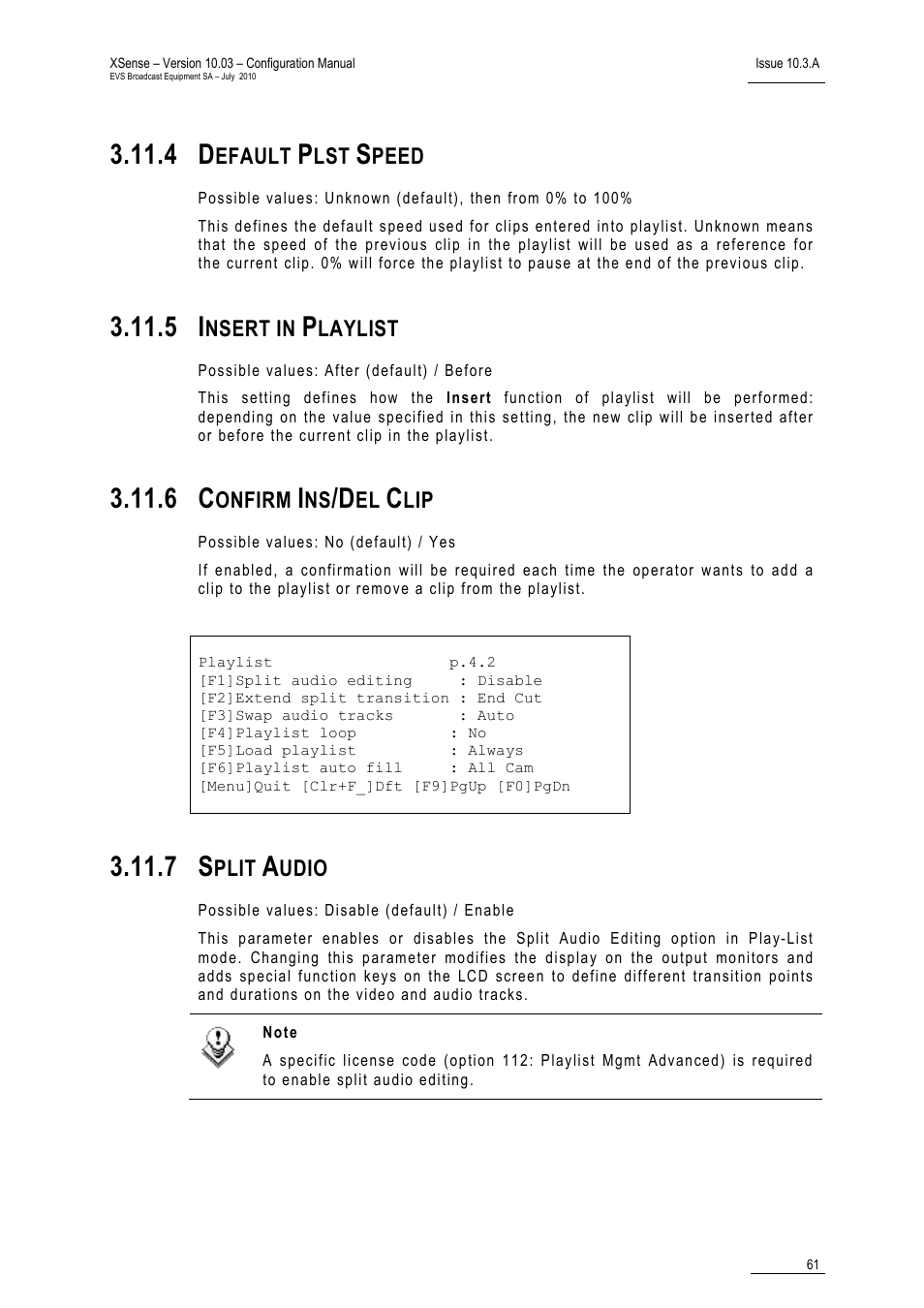 4 default plst speed, 5 insert in playlist, 6 confirm ins/del clip | 7 split audio, Default plst speed, Insert in playlist, Confirm ins/del clip, Split audio | EVS XSense Version 10.03 - July 2010 Configuration Manual User Manual | Page 68 / 90