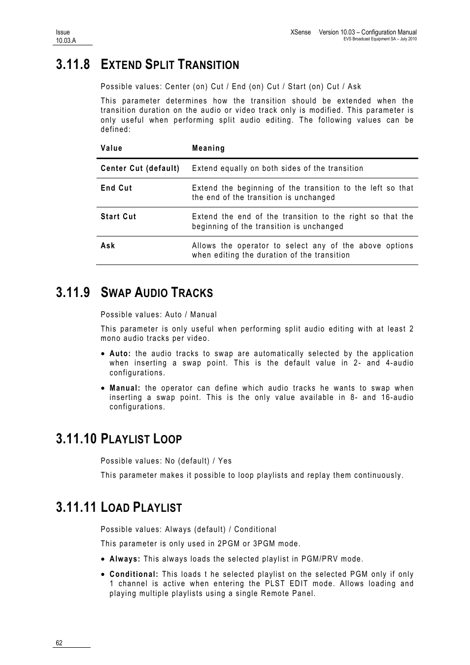 8 extend split transition, 9 swap audio tracks, 10 playlist loop | 11 load playlist, Extend split transition, Swap audio tracks, Playlist loop, Load playlist, 10 p, 11 l | EVS XSense Version 10.03 - July 2010 Configuration Manual User Manual | Page 69 / 90