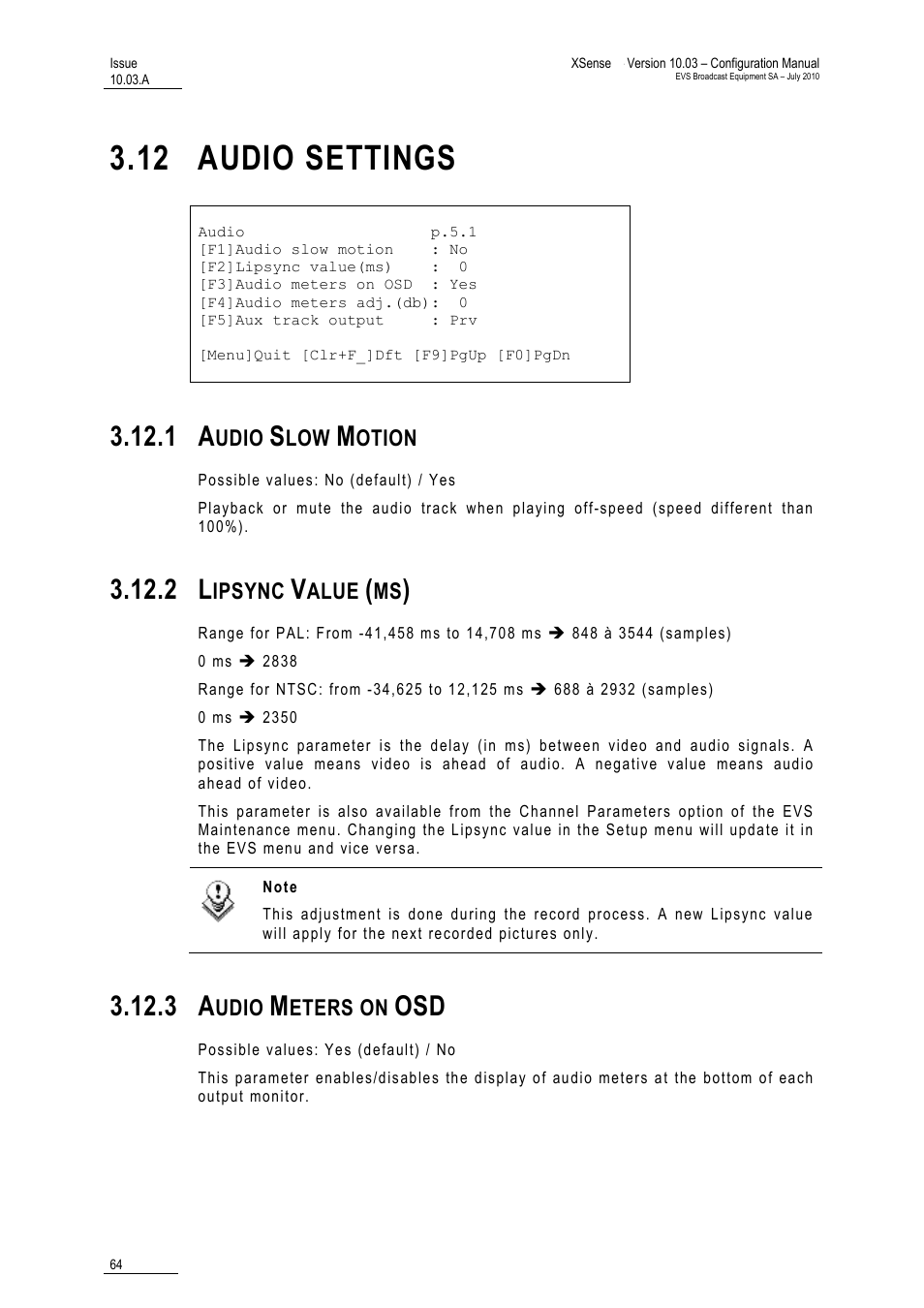 12 audio settings, 1 audio slow motion, 2 lipsync value (ms) | 3 audio meters on osd, Audio settings, Audio slow motion, Lipsync value (ms), Audio meters on osd | EVS XSense Version 10.03 - July 2010 Configuration Manual User Manual | Page 71 / 90