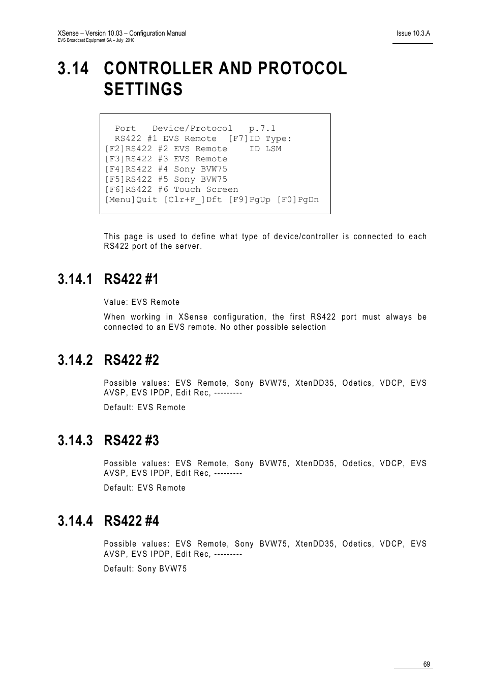 14 controller and protocol settings, 1 rs422 #1, 2 rs422 #2 | 3 rs422 #3, 4 rs422 #4, Controller and protocol settings, Rs422 #1, Rs422 #2, Rs422 #3, Rs422 #4 | EVS XSense Version 10.03 - July 2010 Configuration Manual User Manual | Page 76 / 90