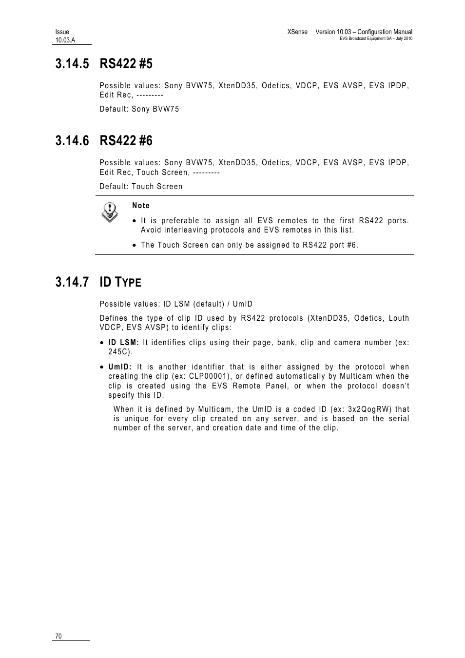 5 rs422 #5, 6 rs422 #6, 7 id type | Rs422 #5, Rs422 #6, Id type, 5 rs422, 6 rs422, 7 id | EVS XSense Version 10.03 - July 2010 Configuration Manual User Manual | Page 77 / 90