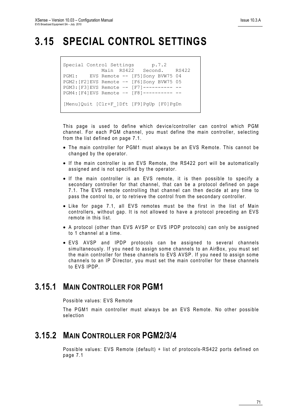 15 special control settings, 1 main controller for pgm1, 2 main controller for pgm2/3/4 | Special control settings, Main controller for pgm1, Main controller for pgm2/3/4, Pgm1, Pgm2/3/4, Ontroller for | EVS XSense Version 10.03 - July 2010 Configuration Manual User Manual | Page 78 / 90