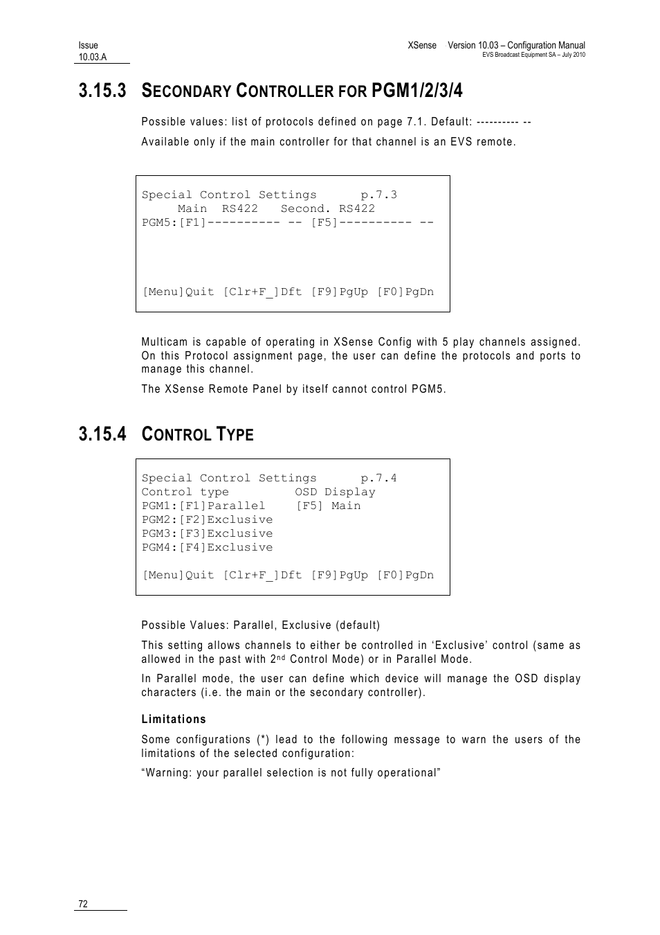 3 secondary controller for pgm1/2/3/4, 4 control type, Limitations | Secondary controller for pgm1/2/3/4, Control type, Pgm1/2/3/4, Econdary, Ontroller for, Ontrol | EVS XSense Version 10.03 - July 2010 Configuration Manual User Manual | Page 79 / 90