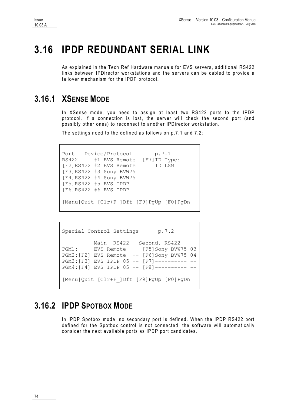 16 ipdp redundant serial link, 1 xsense mode, 2 ipdp spotbox mode | Ipdp redundant serial link, Xsense mode, Ipdp spotbox mode, 1 xs, 2 ipdp, Ense, Potbox | EVS XSense Version 10.03 - July 2010 Configuration Manual User Manual | Page 81 / 90