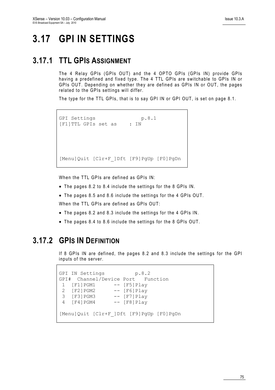 17 gpi in settings, 1 ttl gpis assignment, 2 gpis in definition | Gpi in settings, Ttl gpis assignment, Gpis in definition, 1 ttl, 2 gpi, Ssignment, Efinition | EVS XSense Version 10.03 - July 2010 Configuration Manual User Manual | Page 82 / 90