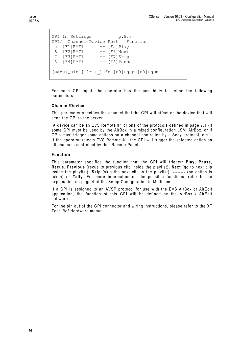 Channel/device, Function | EVS XSense Version 10.03 - July 2010 Configuration Manual User Manual | Page 83 / 90