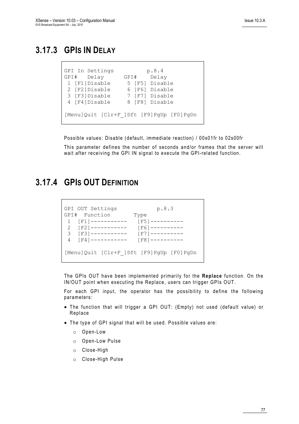 3 gpis in delay, 4 gpis out definition, Gpis in delay | Gpis out definition, 3 gpi, 4 gpi, Elay, Efinition | EVS XSense Version 10.03 - July 2010 Configuration Manual User Manual | Page 84 / 90