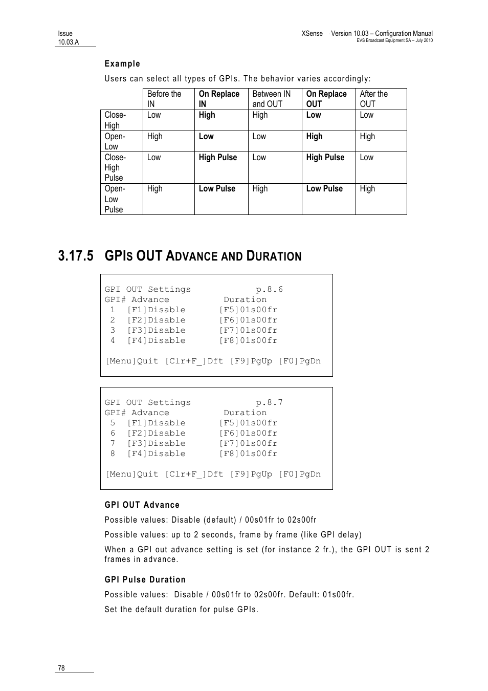 Example, 5 gpis out advance and duration, Gpi out advance | Gpi pulse duration, Gpis out advance and duration, 5 gpi, Dvance and, Uration | EVS XSense Version 10.03 - July 2010 Configuration Manual User Manual | Page 85 / 90