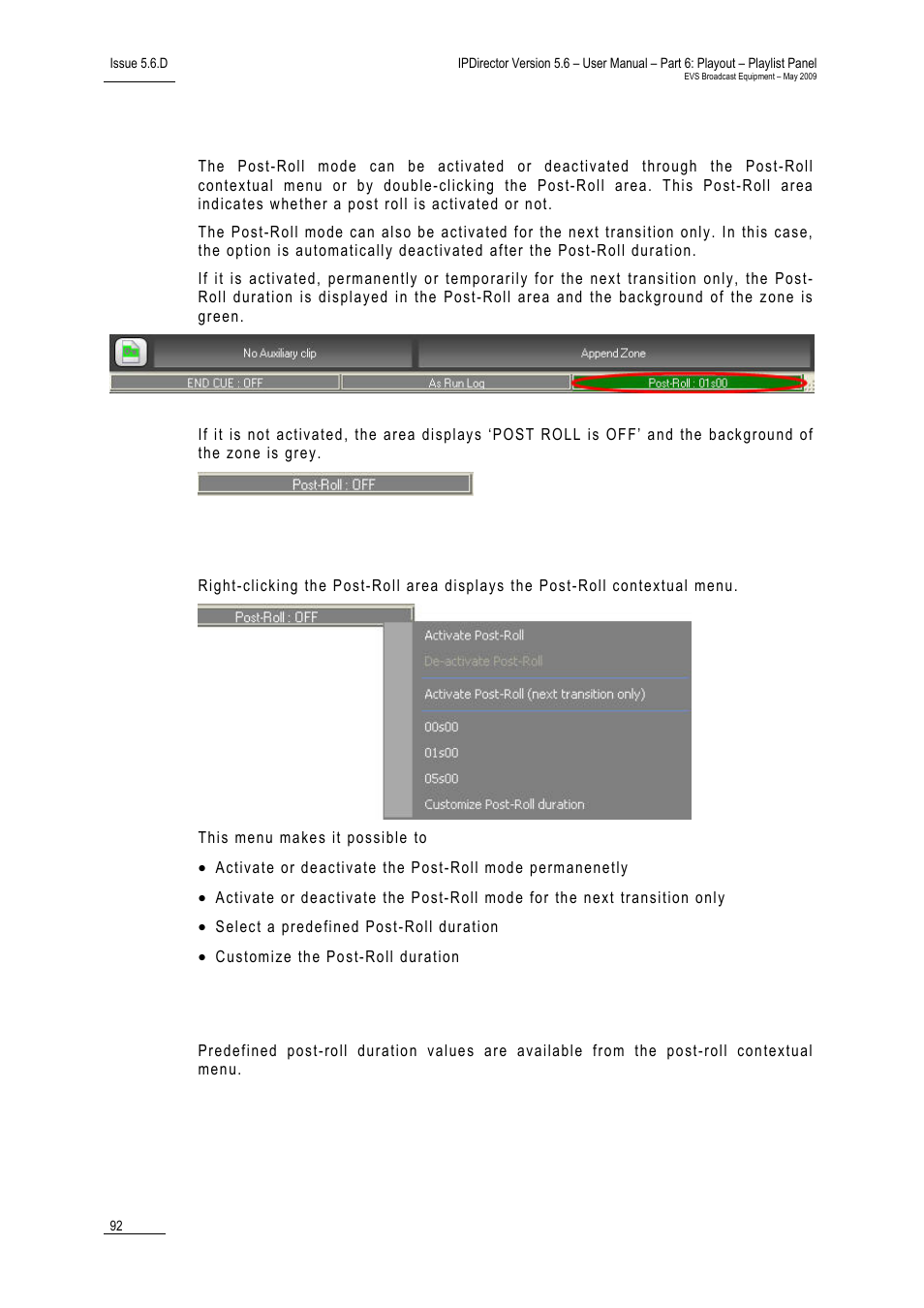 Activation and deactivation, Post-roll contextual menu, Post-roll duration | 10 working with end cue | EVS IPDirector Version 5.6 - May 2009 Part 6 User's Manual User Manual | Page 101 / 157