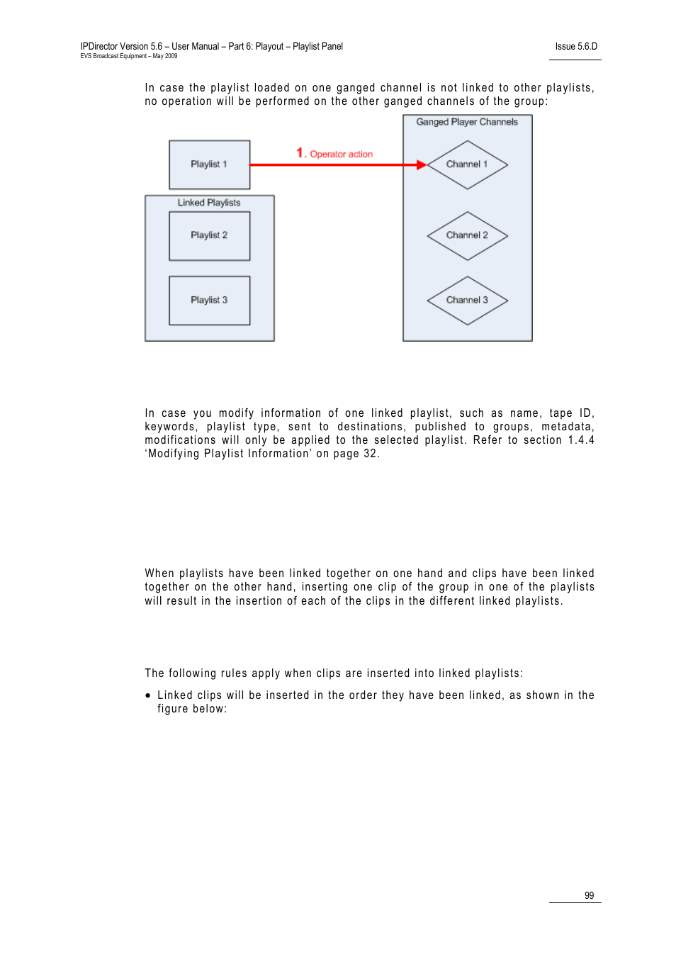4 modifying information of a linked playlist, 5 operations on elements from linked playlists, Inserting clips in linked playlists | Rules for inserting clips, 7 ganged playlists management, 1 introduction, 2 linking or unlinking playlists | EVS IPDirector Version 5.6 - May 2009 Part 6 User's Manual User Manual | Page 108 / 157