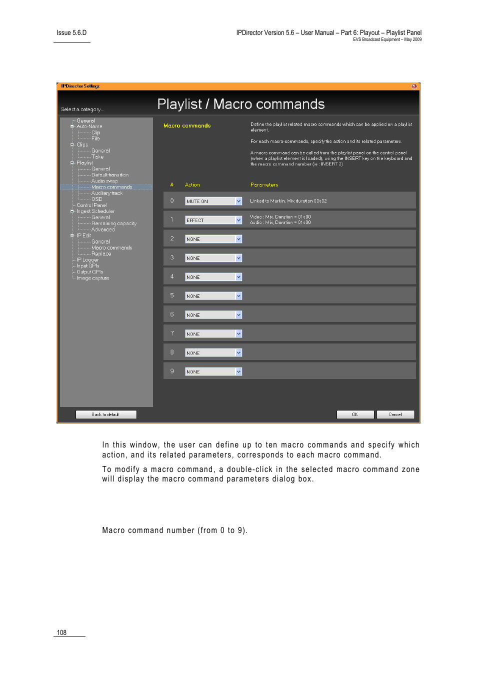 4 playlist macro commands settings, Field, 4 ‘playlist macro commands settings | 108 for, 4 ‘playlist macro, Commands settings, Playlist macro commands settings, Playlist macro, 108 fo, Laylist | EVS IPDirector Version 5.6 - May 2009 Part 6 User's Manual User Manual | Page 117 / 157