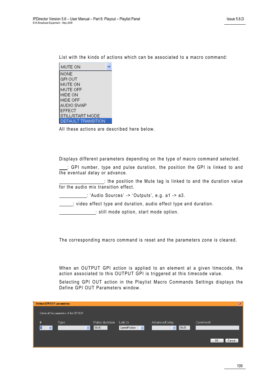 Action field, Parameters, Action = none | Action = gpi out, 3 audio swap settings | EVS IPDirector Version 5.6 - May 2009 Part 6 User's Manual User Manual | Page 118 / 157