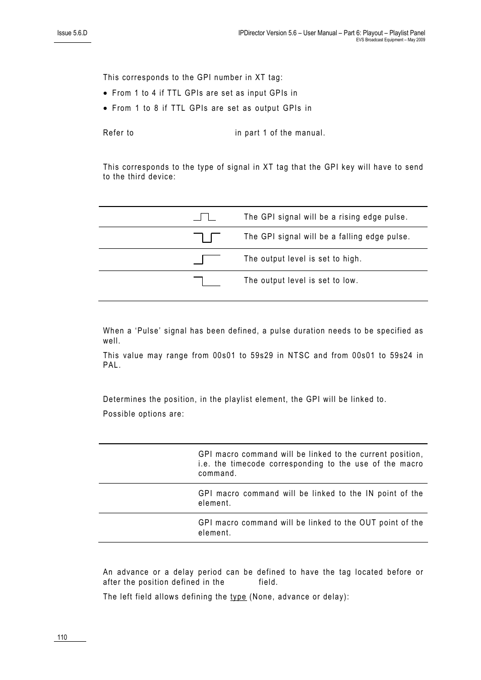 Gpi number, Type, Pulse duration | Link to, Advance/delay | EVS IPDirector Version 5.6 - May 2009 Part 6 User's Manual User Manual | Page 119 / 157