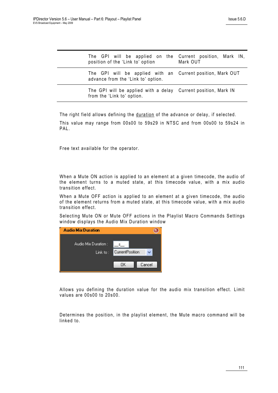 Comment, Action = mute on or mute off, Mute duration | Link to, 4 playlist macro commands settings | EVS IPDirector Version 5.6 - May 2009 Part 6 User's Manual User Manual | Page 120 / 157