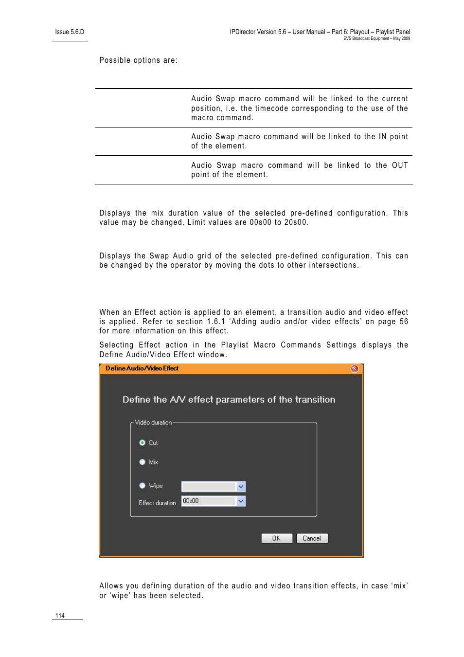 Mix duration, Swap audio grid, Action = effect (audio and/or video) | Effect duration | EVS IPDirector Version 5.6 - May 2009 Part 6 User's Manual User Manual | Page 123 / 157